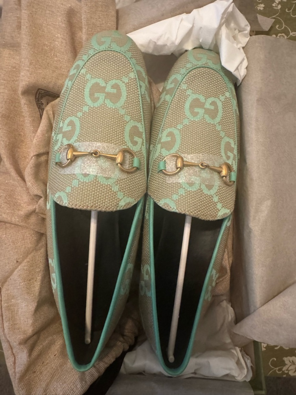🆕 Gucci jordaan jumbo GG Mint and Beige Horsebit Loafers - Picture 2 of 7